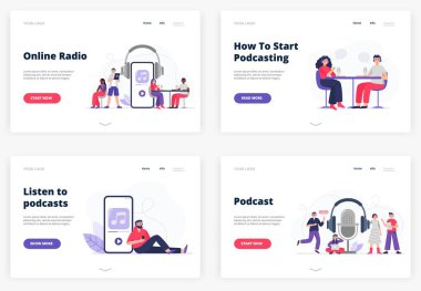 İniş sayfası şablonları için düz vektör çizimleri. Kulaklıklı bir dinleyici. Kadın ve erkek podcast 'e başlıyorlar. Havalı takım yayına hazırlanıyor. Radyo sunucuları podcast kaydediyor.