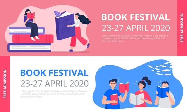 Iklan media sosial atau spanduk festival buku. Pria dan wanita muda membaca buku. Ilustrasi vektor berwarna untuk penulis sastra atau festival, promotor acara. - Stok Vektor