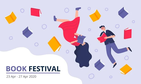 Kitap festivali konsepti. Genç erkek ve kadınlar şık giyinmiş, kitap alanında uçuyor ve kitap okuyorlar. Edebiyat veya festival yazarları ve organizatörleri için renkli vektör illüstrasyonu. — Stok Vektör