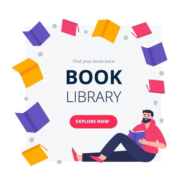 Moderne vlakke en eenvoudige design banners en ad template voor een boekenfestival, leesclub, wereldboekendag. Kleurrijke vector illustratie met een jonge man leest boeken. — Stockvector