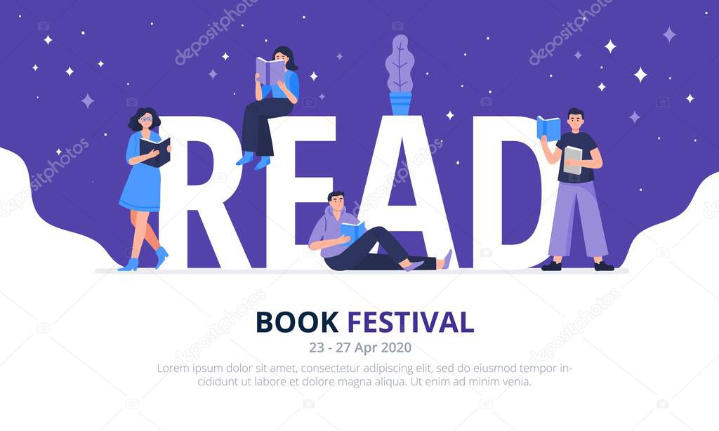 Book festival concept. Young men and women dressed in stylish clothes read paper books. Colorful flat vector illustration for literary or festival writers, event promoters.