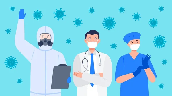 Γιατροί και νοσοκόμες πολεμούν κατά ενός ιού. Εργαζόμενοι στον τομέα της υγείας που κάνουν τη δουλειά τους για να προστατεύουν τους ανθρώπους από οποιαδήποτε ασθένεια ή πανδημία. — Διανυσματικό Αρχείο