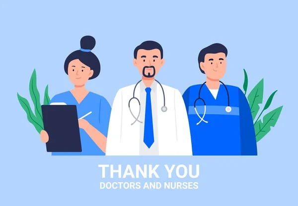Děkuji doktoři a sestry koncept. Zdravotničtí pracovníci dělají svou práci, aby chránili lidi před mnoha nemocemi nebo pandemií. Vektorová ilustrace v plochém stylu. — Stockový vektor