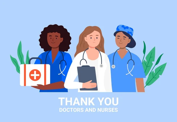 Thank you Doctors and Nurses vector illustration with healthcare workers. Simple flat style art. — Stock Vector