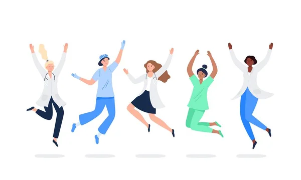 Um conjunto de médicos felizes. Mulheres multiculturais pulando com as mãos levantadas em várias poses. Médicos, cirurgiões, enfermeiras a regozijarem-se juntos. Personagens em estilo plano vetorial . —  Vetores de Stock