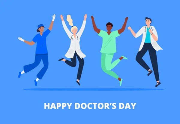 Het concept van een gelukkige doktersdag. Multiculturele groep mensen springen met opgeheven handen in verschillende poses. Dokters, chirurgen, verpleegsters verheugen zich samen. Vector platte stijl. — Stockvector