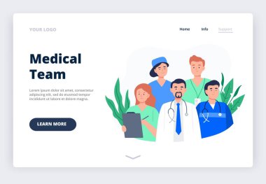 Bir grup doktor, hemşire ve tıbbi personelle iniş sayfası şablonu. Tıbbi ekip konsepti. Düz karakter tasarımı.
