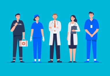 Bir grup sağlık çalışanı. Tıbbi ekip - doktor, hemşire, cerrah, sağlık görevlisi. Düz tasarım karakterleri.