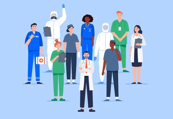 Bir grup çok kültürlü tıp çalışanı. Birlikte duran tıp uzmanları: doktor, cerrah, doktor, sağlık görevlisi, hemşire ve diğer personel. Düz vektör karakterleri.
