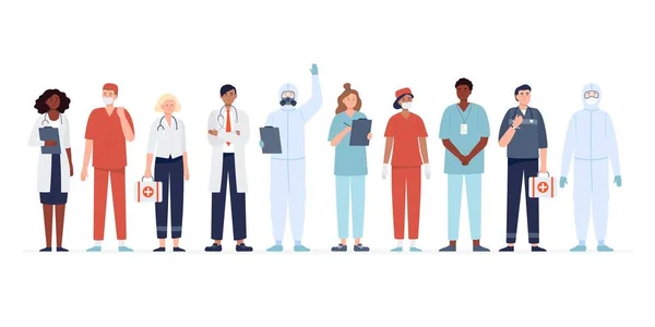 Set of multicultural medicine workers. Group of medical specialists standing together: doctor, surgeon, physician, paramedic, nurse, and other staff. Flat vector characters. — Stock Vector