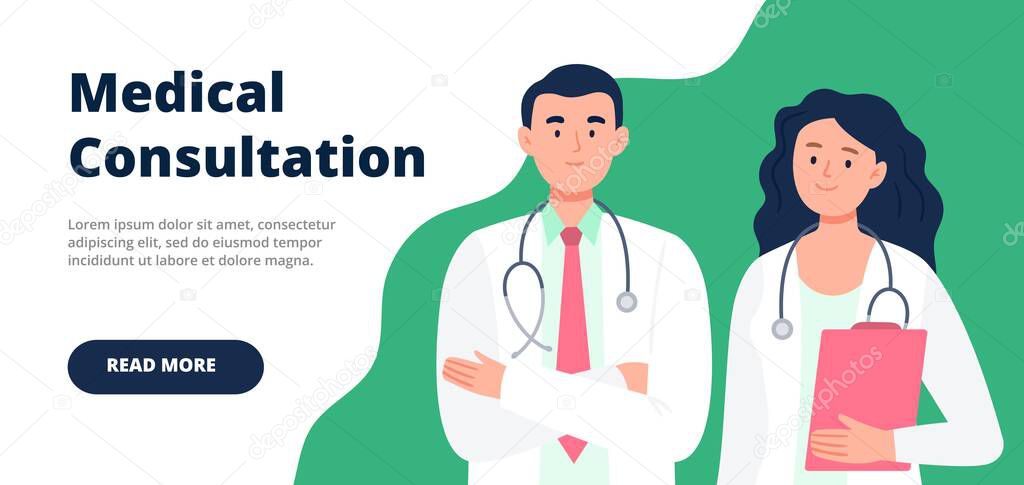 Landing page template with happy doctors. A medical consultation concept. Flat character design.