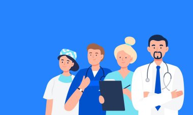 Bir grup doktor, hemşire ve tıbbi personel. Tıbbi ekip konsepti. Düz karakter tasarımı.