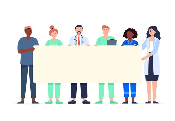 Medical team - doctor, nurse, surgeon, and medical staff. A multicultural group of medical workers holds a banner. Flat character design. Vector illustration. — Stock Vector