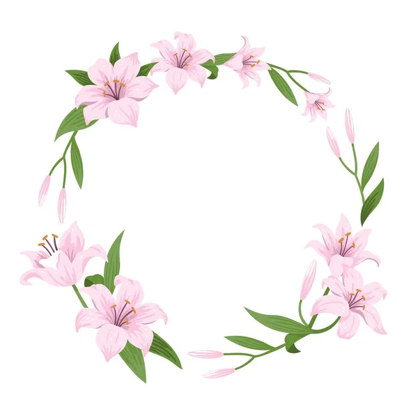 Cirkel bloemframe met roze lelies. Het kan worden gebruikt als uitnodiging kaart voor een bruiloft, verjaardag en andere feestdagen. Bloemen ontwerp of achtergronden. Vectorillustratie. — Stockvector