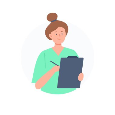 Hemşire notlar yazıyor. Tıp çalışanı Avatar. Düz vektör karakterleri.