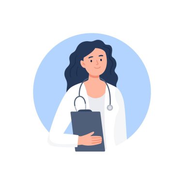 Steteskopu ve dosyası olan doktor kadın. Tıp çalışanı Avatar. Düz vektör karakterleri.