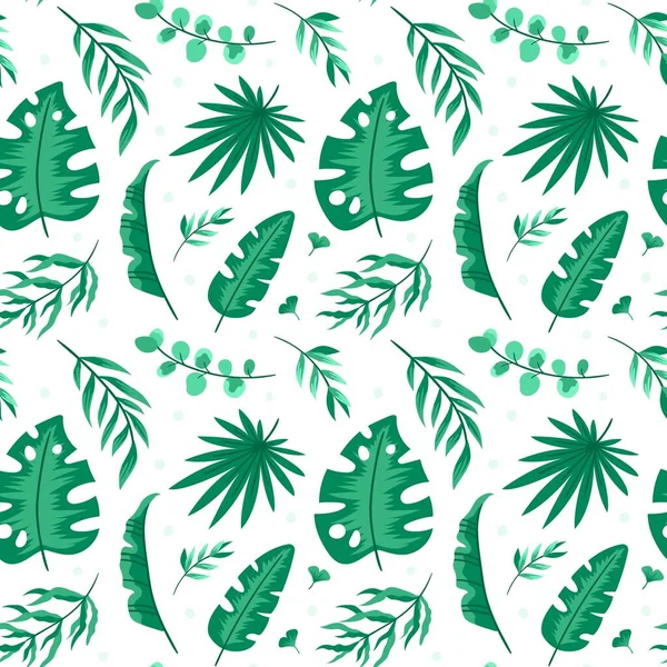 Folhas tropicais desenhadas à mão. Eucalipto verde e folhas de palma. Padrão sem costura floral vetorial em um fundo branco . —  Vetores de Stock