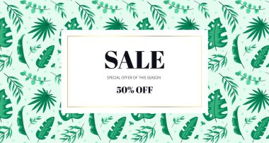 Yeşil yapraklı modaya uygun bir tasarım. Okaliptüs, palmiye, eğreltiotu ve zeytin yaprakları. Metin için alanı olan kare şekil. Afiş ya da el ilanı satışı şablonu. Vektör el çizimi illüstrasyon.