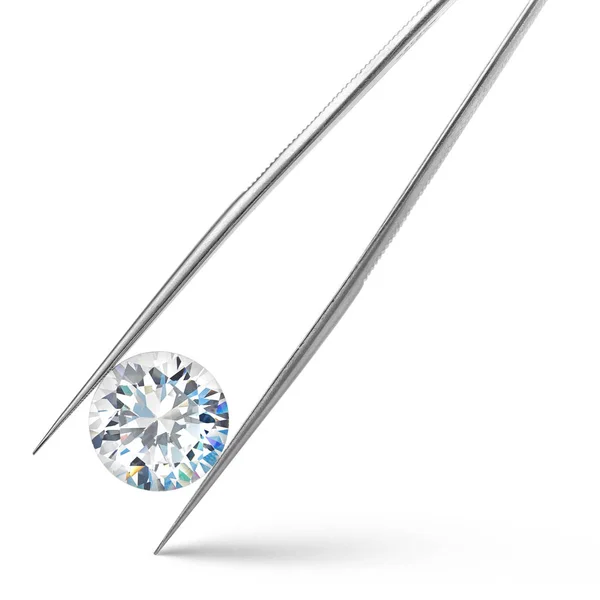 Diamant rond en Brucelles Diamant sur fond blanc Images De Stock Libres De Droits