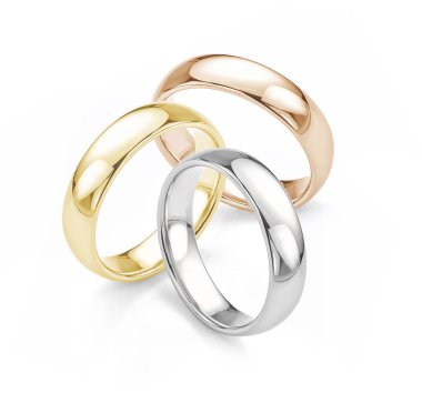 Alyanslar - Beyaz Altın, Gül Altını ve Sarı Alyanslar Beyaz Arkaplanda İzole Edildi. 3 Yüzük Kümesi. 