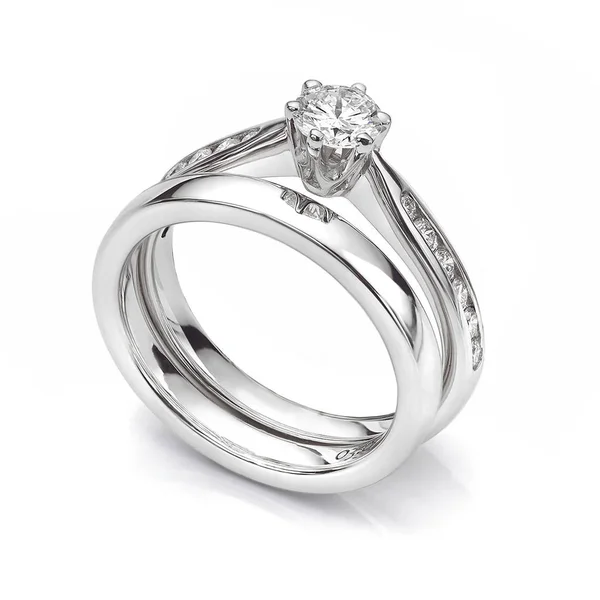 Damski Platynowy Lub Biały Diamentowy Pierścionek Zaręczynowy Obrączka Para Pierścieni — Zdjęcie stockowe