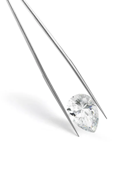 Pear Shaped Diamond Held Tweezers White Background — Stok Foto