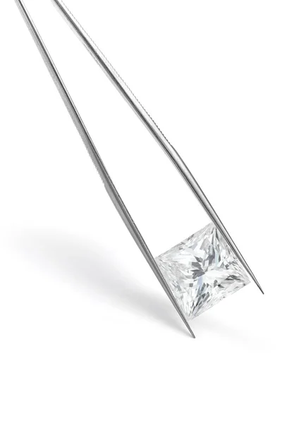 Stor Princess Cut Diamond Hölls Tweezers Isolerad Vit Bakgrund — Stockfoto