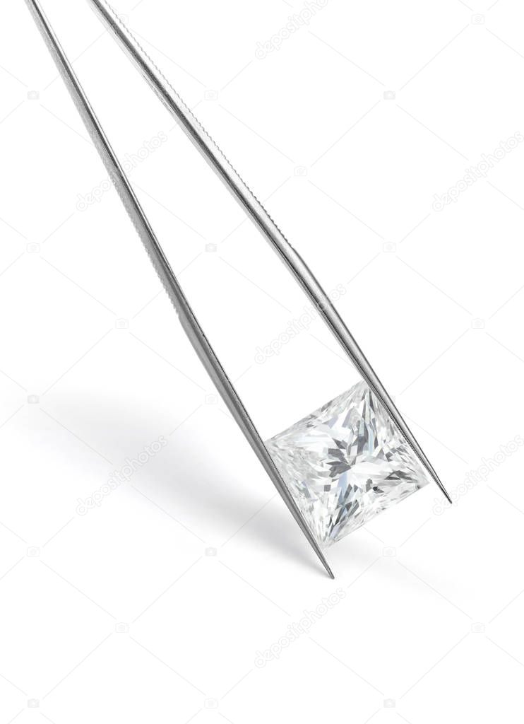 Large Princess Cut Diamond Held in Tweezers Isolated on White Background