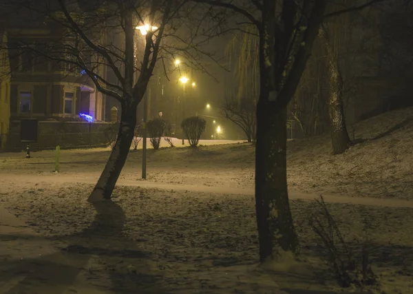 Ciudad pequeña por la noche nevada —  Fotos de Stock