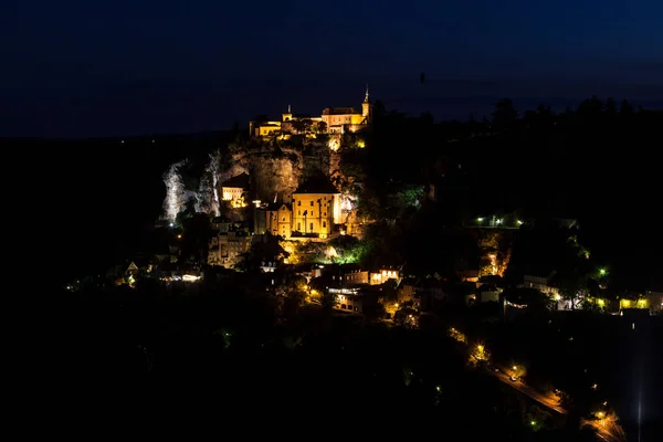 Vista Nocturna Del Santuario Rocamadour Lot Francia — Foto de Stock
