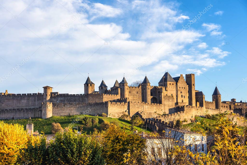 City of Carcassonne seen from the new bridge, Languedoc-Roussillon, Aude, Occitanie, France