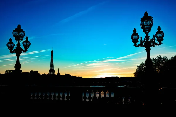 França Paris Outubro 2018 Pôr Sol Torre Eiffel Poste Lâmpada — Fotografia de Stock