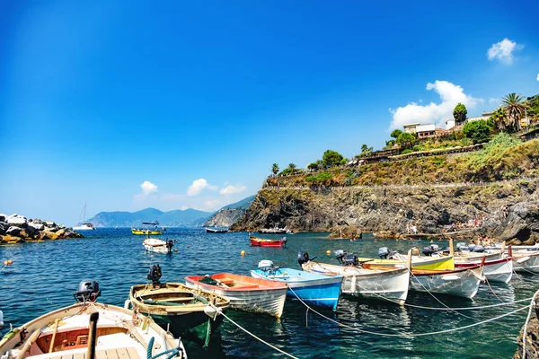 Manarola Liguria Italy August 2018 Sea View Harbour Boats — 图库照片