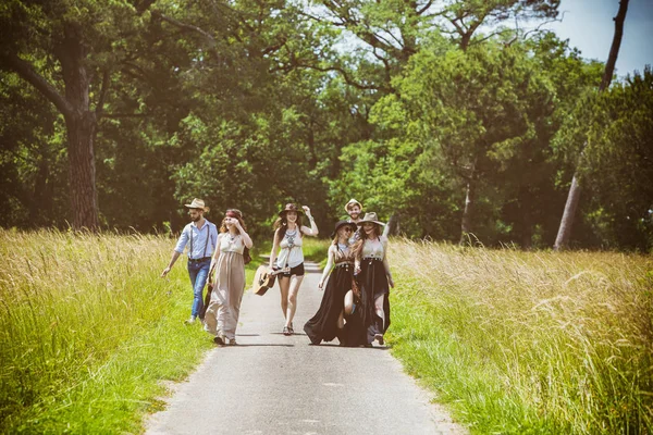 Group Young Hipster Walking Country Road — Stock Photo, Image