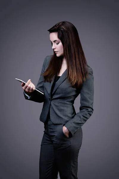 Portrait Young Businesswoman Touch Pad Her Hands — Stock Photo, Image