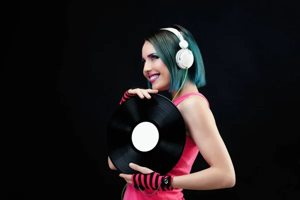 Portrait Smiling Young Woman Presenting Vinyl Record Her Hands — Stock Photo, Image