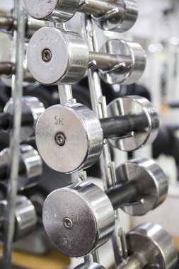 Spor salonundaki dikey desteğe bağlı farklı ağırlıklardan krom halterler..