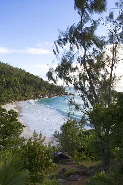 Tropische panorama-view, Praslin island, Seychellen — Stockfoto