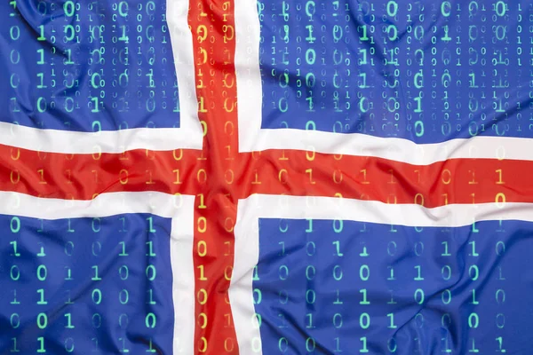 Binär kod med Islands flagga, data skydd koncept — Stockfoto