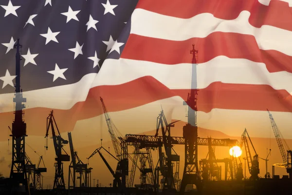 Amerika Birleşik Devletleri bayrağı, gün batımı ile endüstriyel kavramı