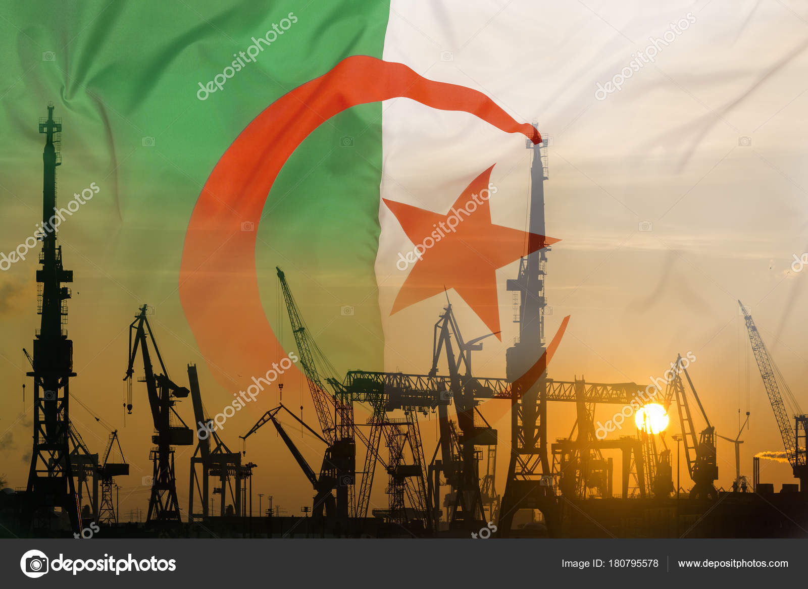 Concept Industriel Avec Drapeau Algérie Coucher Soleil