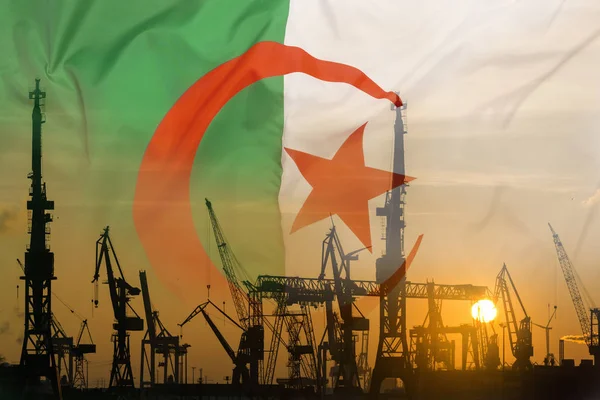 Industriekonzept Mit Algerien Flagge Bei Sonnenuntergang Silhouette Des Containerhafens — Stockfoto