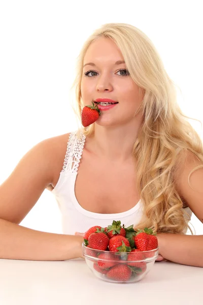 Beautiful happy smiling woman with strawberry — Stock Photo, Image