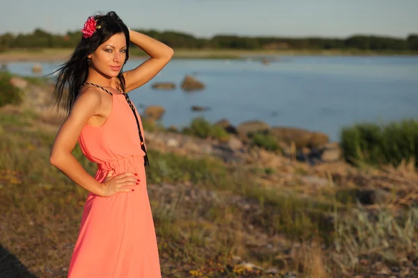 Menina de vestido no fundo da grama — Fotografia de Stock