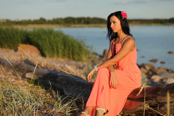 Chica en vestido en el fondo de la hierba —  Fotos de Stock