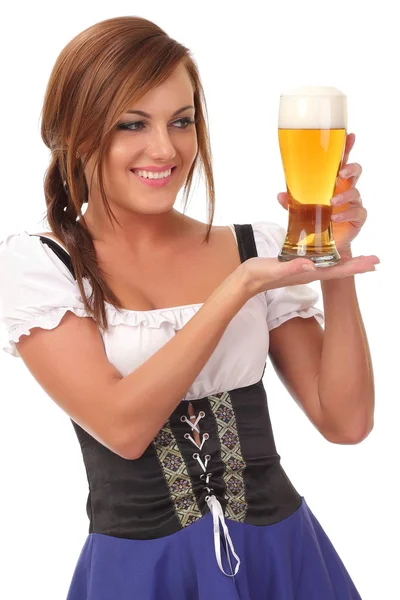 Pretty waitress with beer — Stock Photo, Image