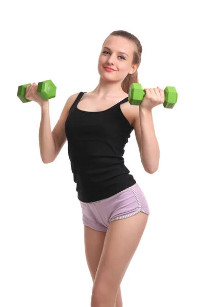 Young sporty girl with dumbbells — Stock Photo, Image