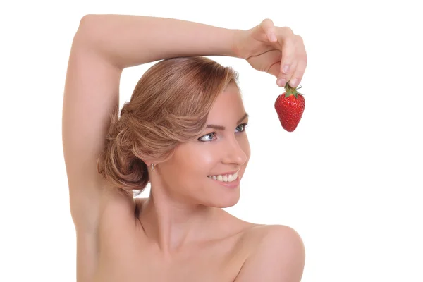 Beautiful young blond woman with strawberry — Stock Photo, Image