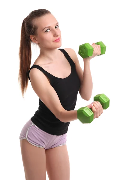 Young sporty girl with dumbbells — Stock Photo, Image