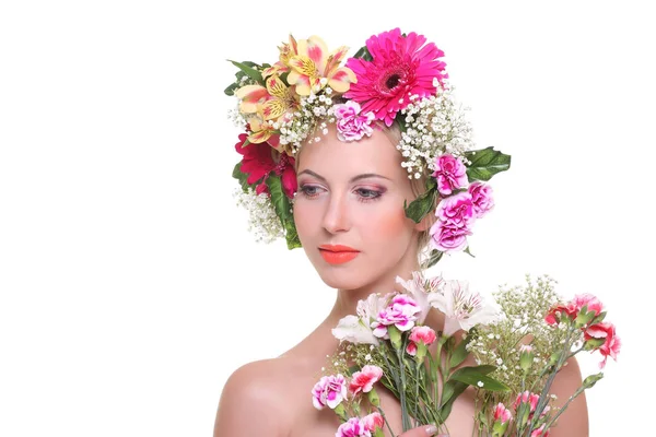 Beauty with a flowered head — Stock Photo, Image